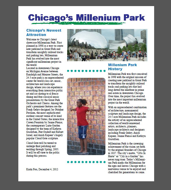 Chicago Millenium Park Newsletter by Fox